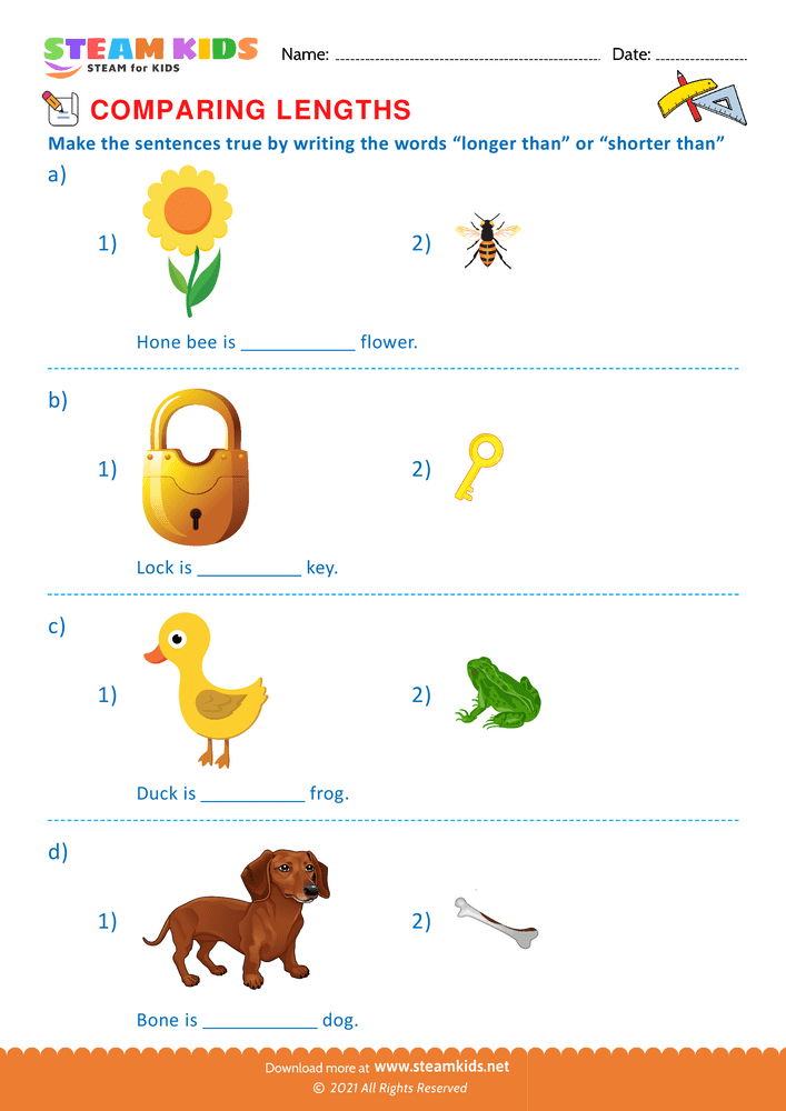 Free Math Worksheet - Compare length of objects - Worksheet 6