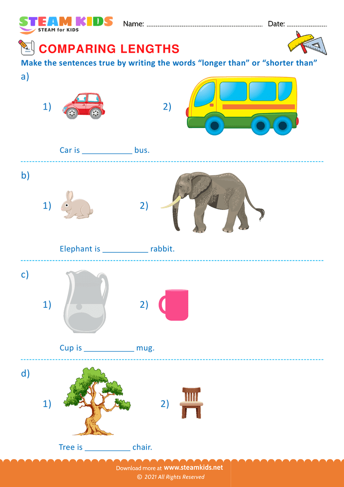 Free Math Worksheet - Compare length of objects - Worksheet 7