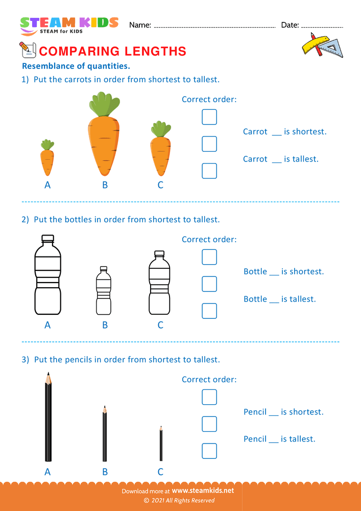 Free Math Worksheet - Shortest to Tallest - Worksheet 3