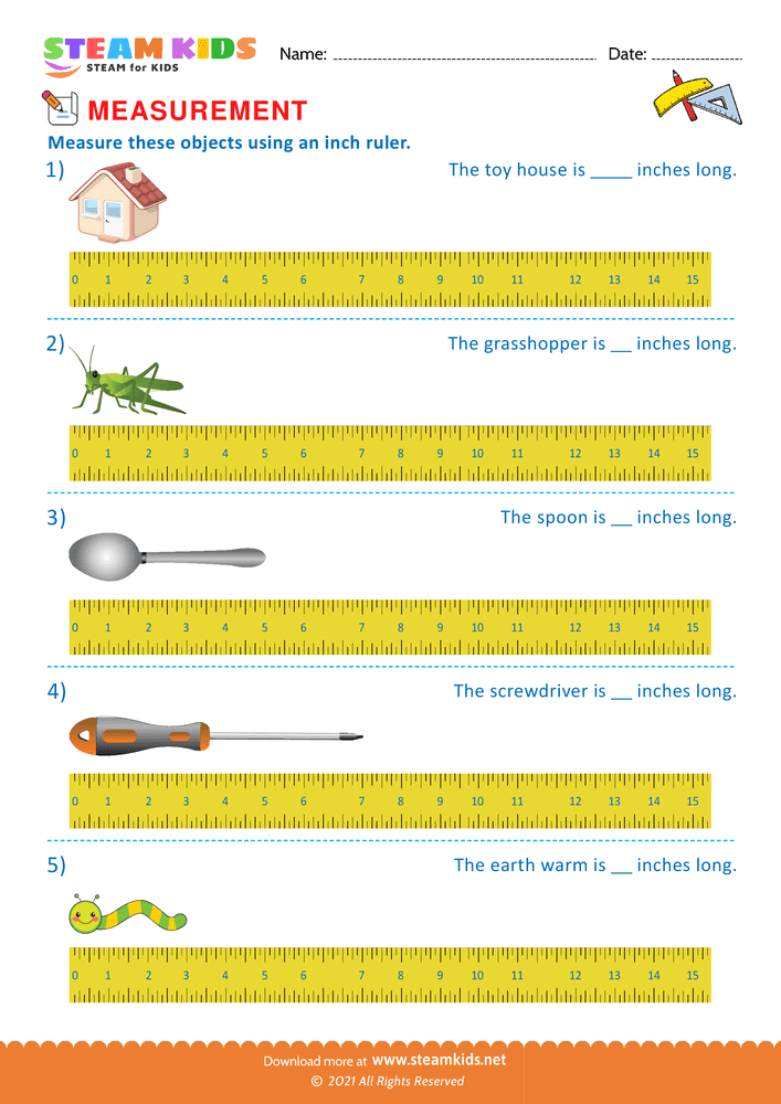 Free Math Worksheet - Measuring with inch ruler - Worksheet 2