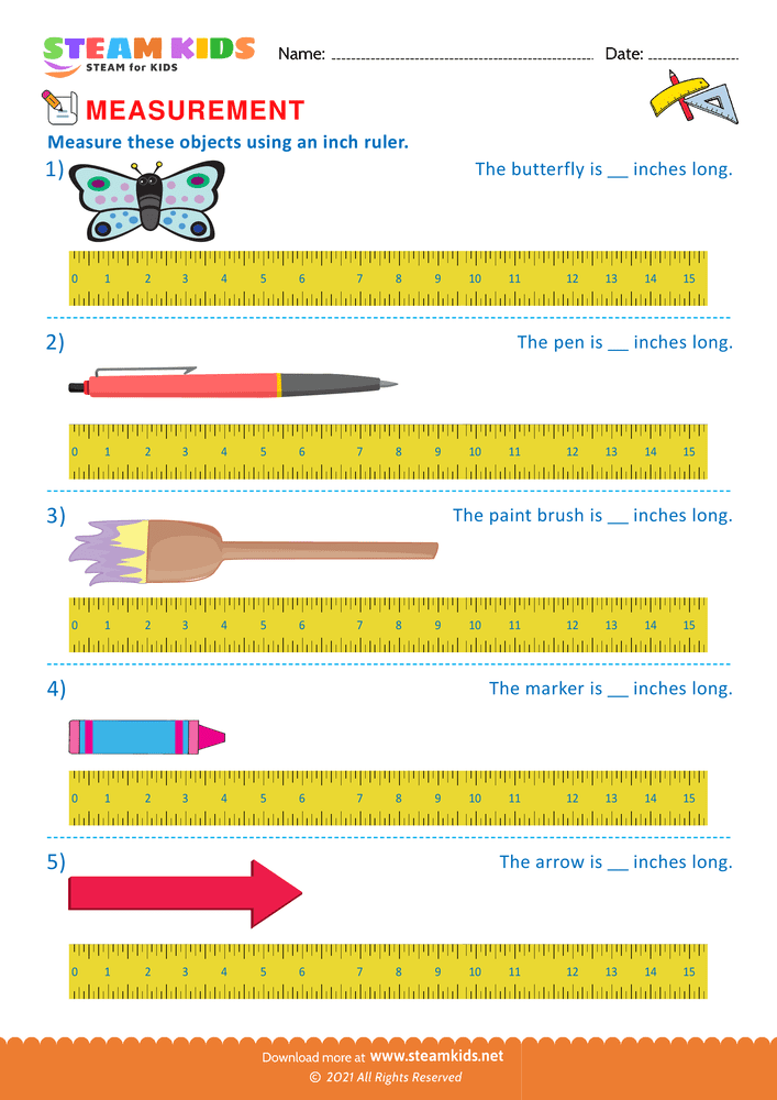 Free Math Worksheet - Measuring with inch ruler - Worksheet 3