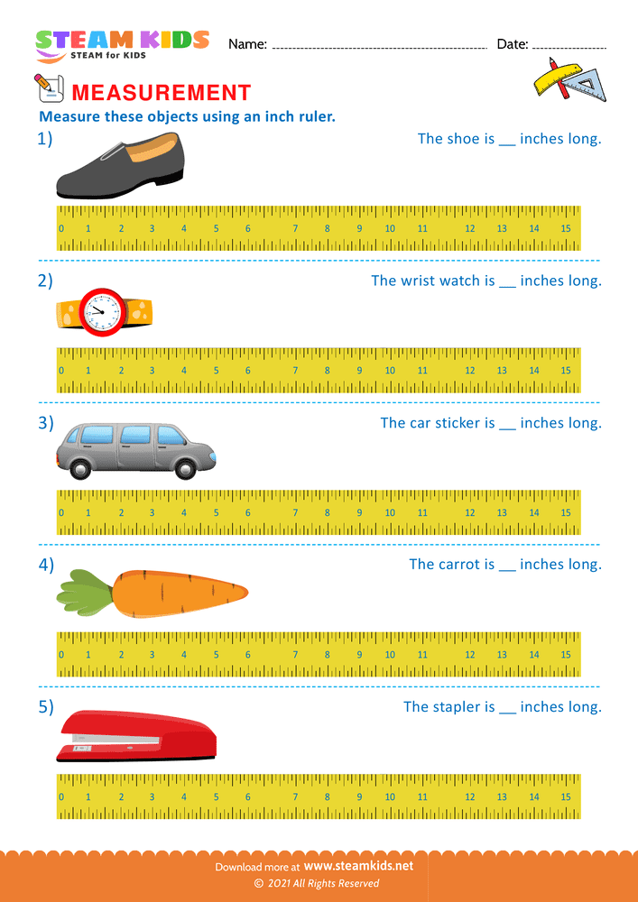 Free Math Worksheet - Measuring with inch ruler - Worksheet 5