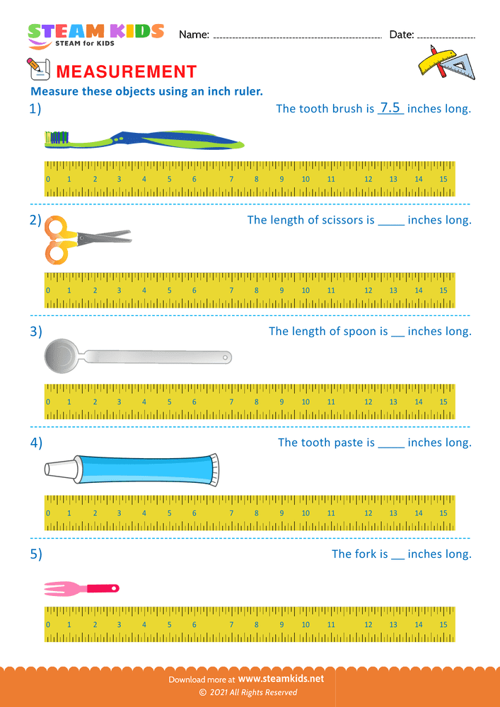 Free Math Worksheet - Measuring with inch ruler - Worksheet 6