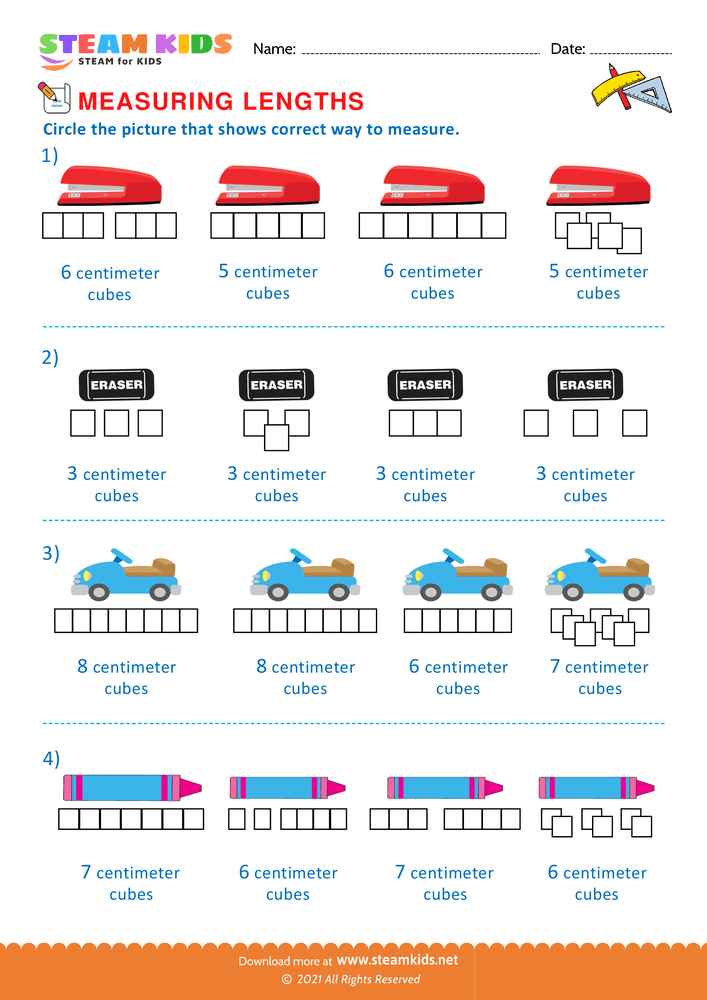 Free Math Worksheet - Measuring with centimeter cubes - Worksheet 3