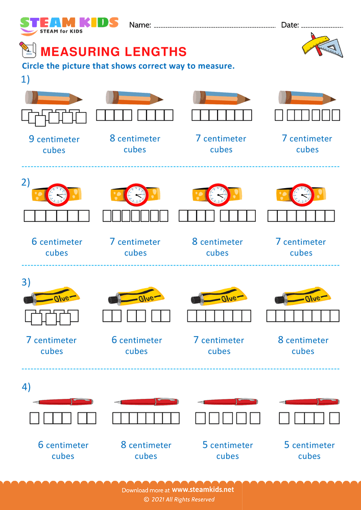 Free Math Worksheet - Measuring with centimeter cubes - Worksheet 4