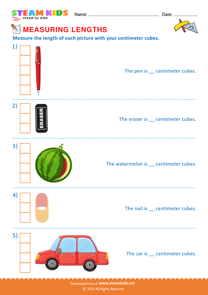 Free Math Worksheet - Measuring with centimeter cubes - Worksheet 7