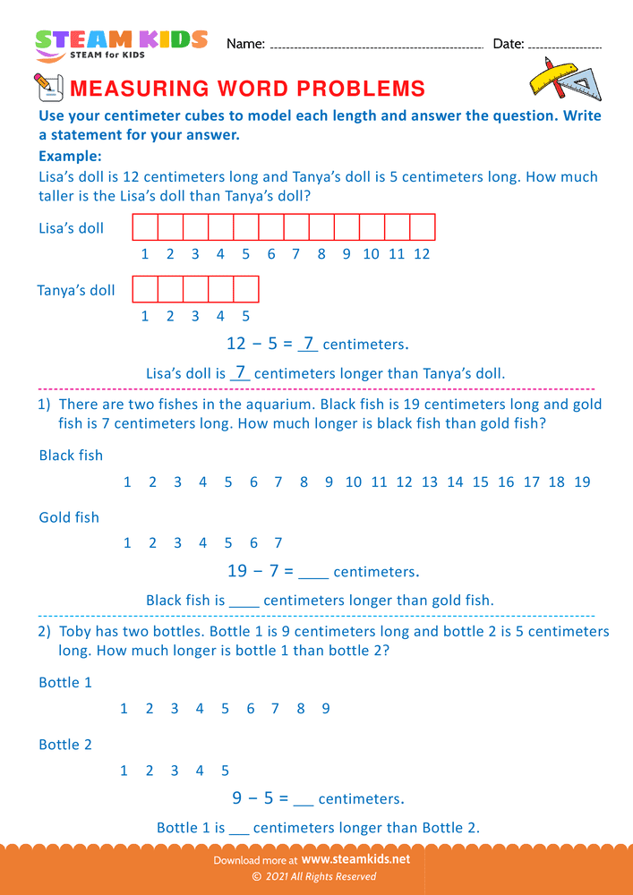 Free Math Worksheet - Measuring with centimeter cubes - Worksheet 11