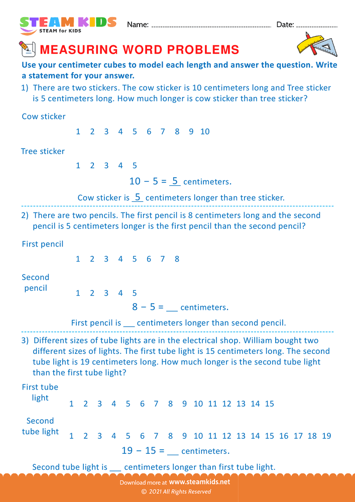 Free Math Worksheet - Measuring with centimeter cubes - Worksheet 12