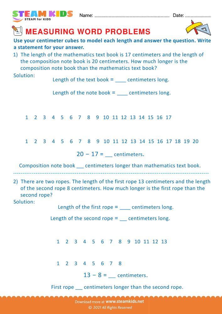 Free Math Worksheet - Measuring with centimeter cubes - Worksheet 13