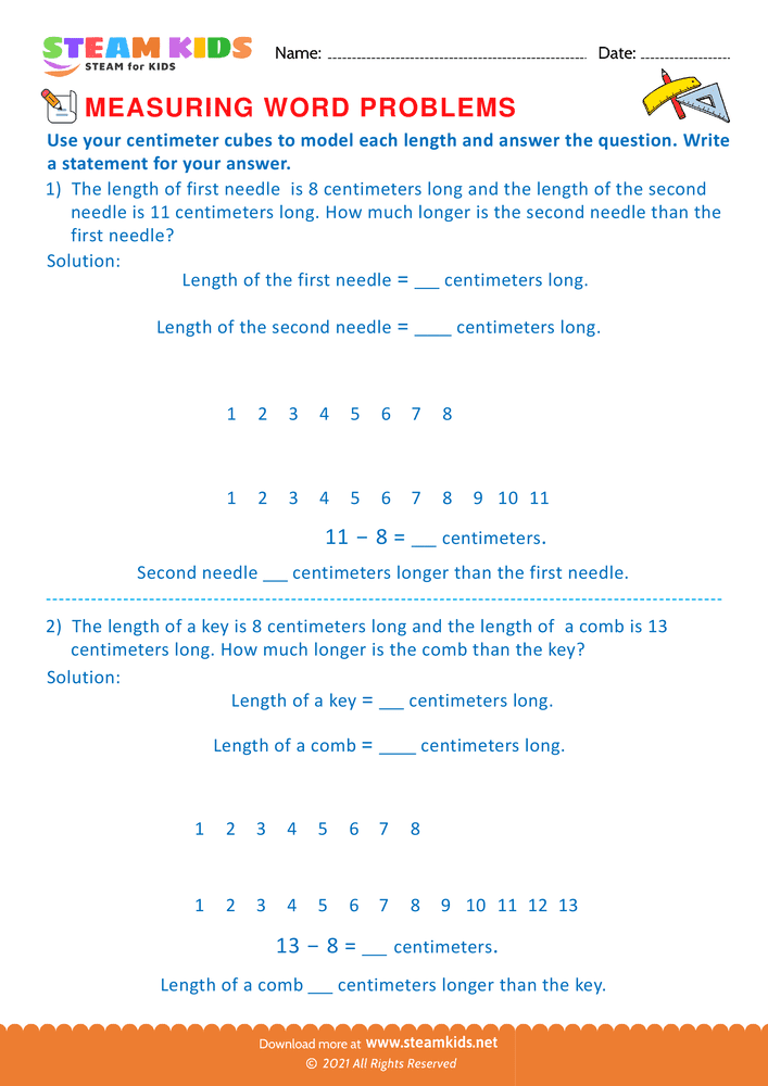 Free Math Worksheet - Measuring with centimeter cubes - Worksheet 15