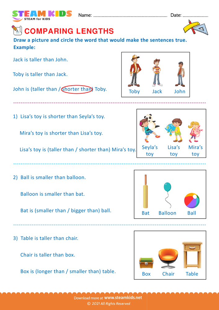 Free Math Worksheet - Comparing lengths - Worksheet 1