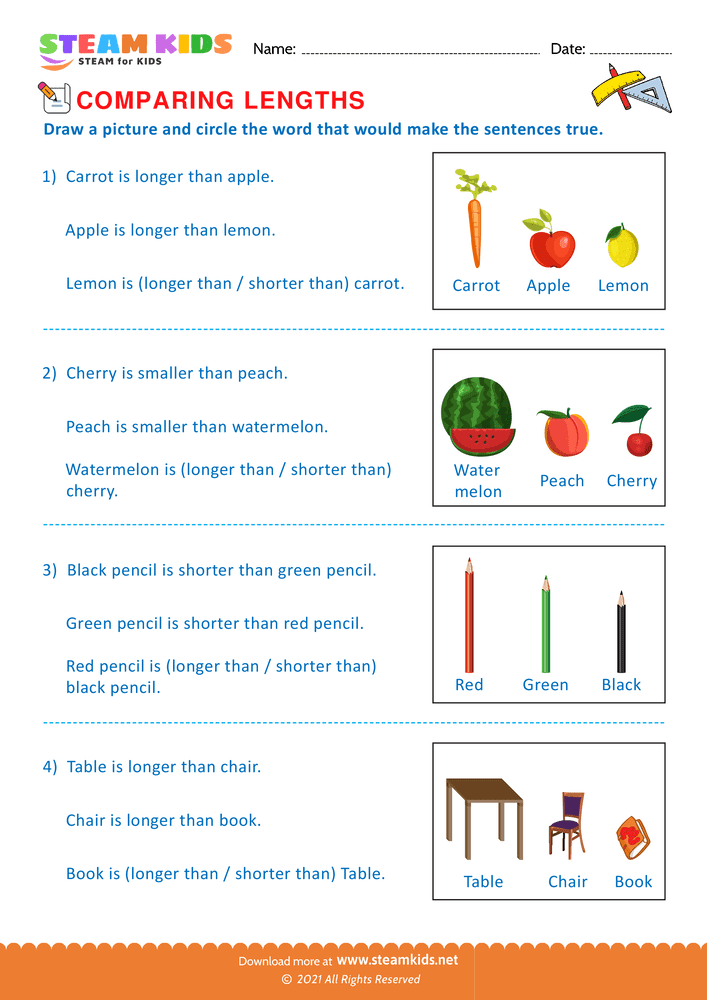 Free Math Worksheet - Comparing lengths - Worksheet 2