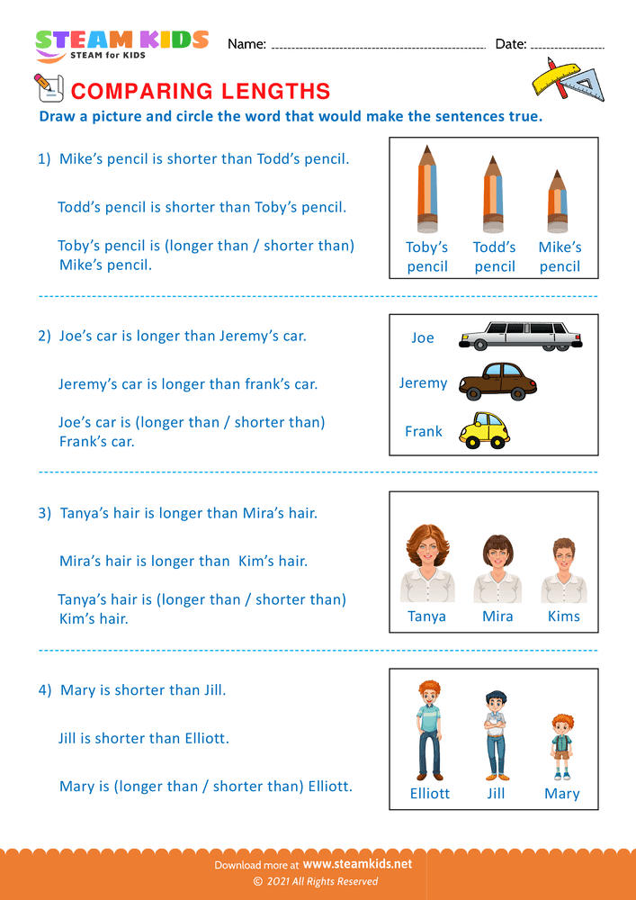 Free Math Worksheet - Comparing lengths - Worksheet 3