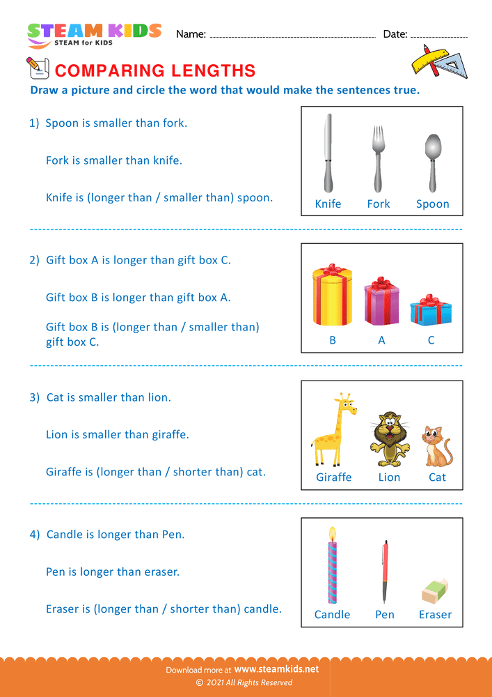 Free Math Worksheet - Comparing lengths - Worksheet 4