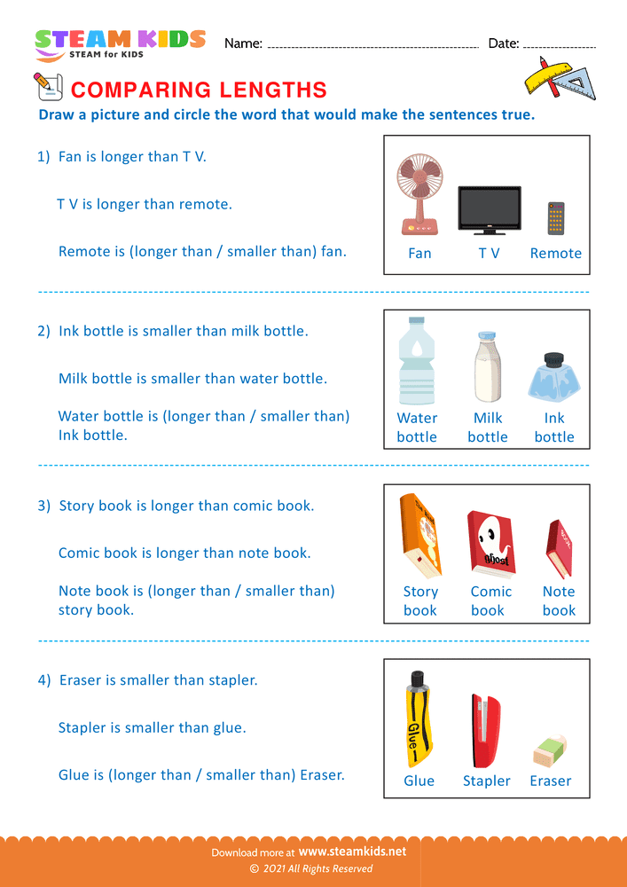 Free Math Worksheet - Comparing lengths - Worksheet 5