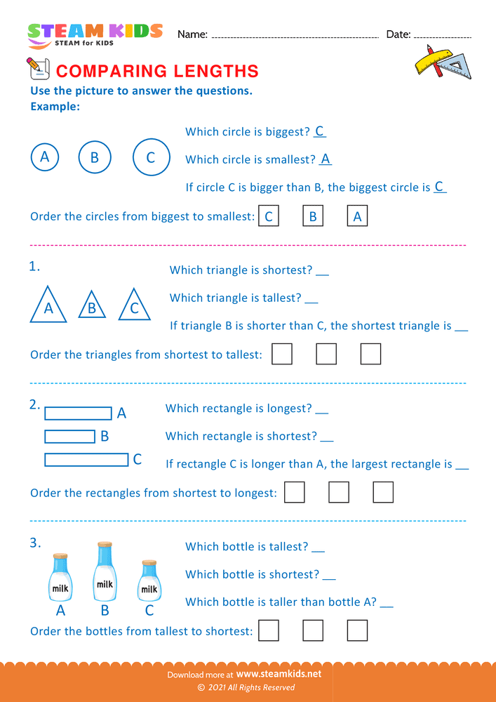 Free Math Worksheet - Comparing lengths - Worksheet 6