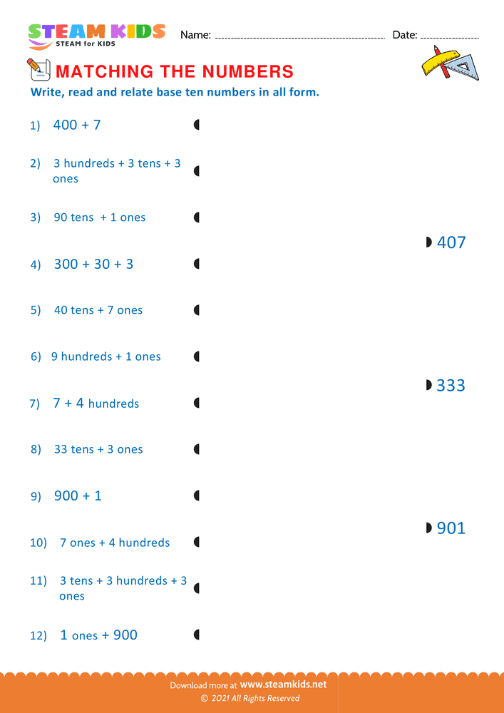 Free Math Worksheet - Matching the Numbers - Worksheet 3