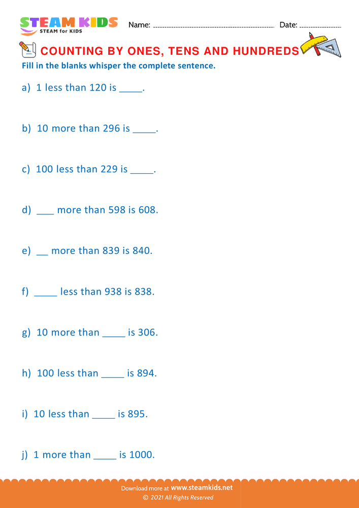 Free Math Worksheet - Count by Ones Tens and Hundreds - Worksheet 27