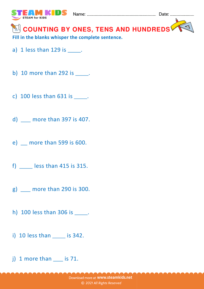 Free Math Worksheet - Count by Ones Tens and Hundreds - Worksheet 29