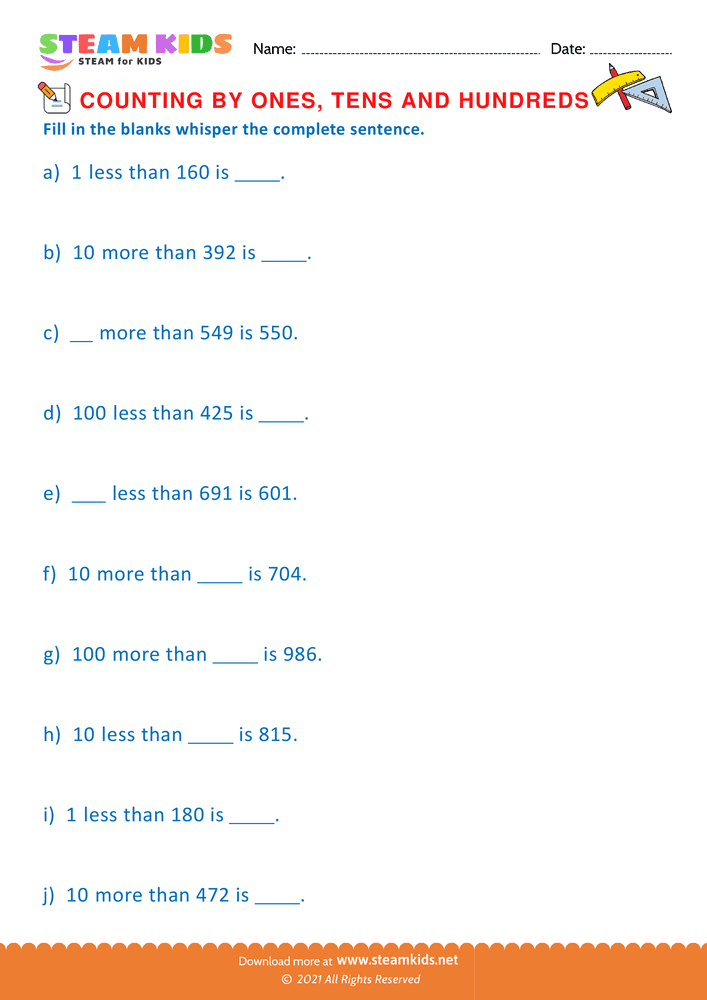 Free Math Worksheet - Count by Ones Tens and Hundreds - Worksheet 30