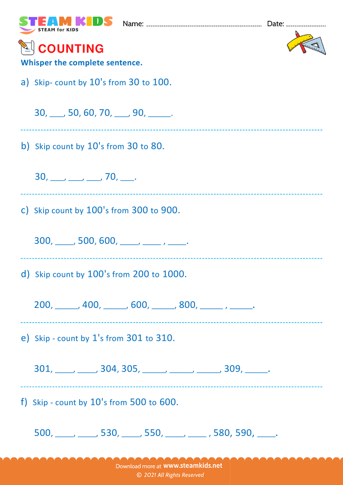 Free Math Worksheet - Count by Ones Tens and Hundreds - Worksheet 34