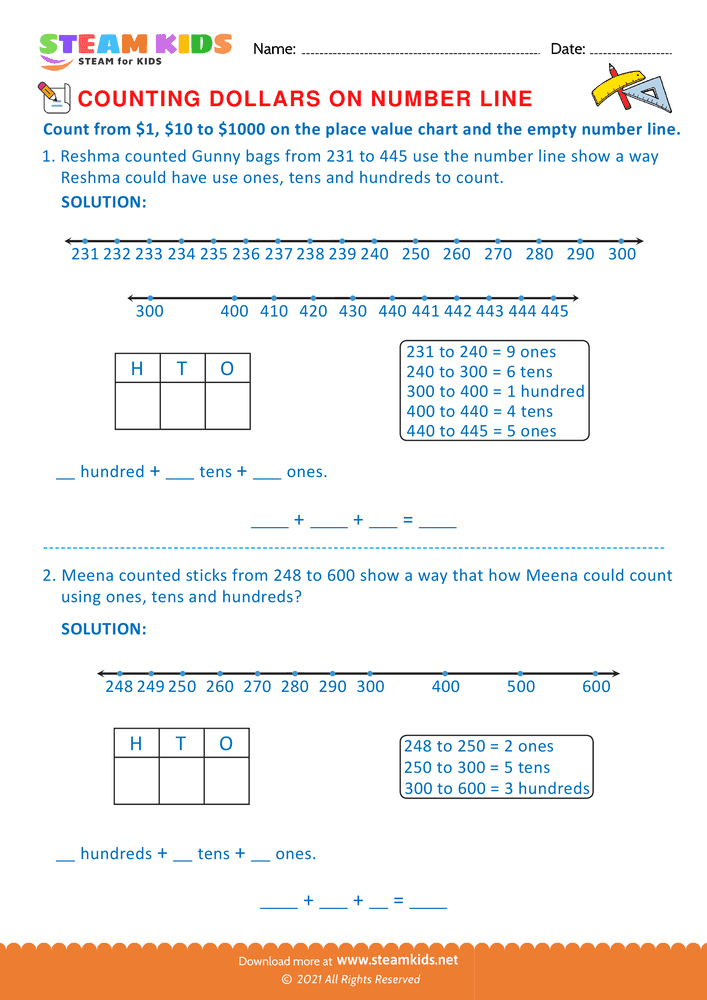 Free Math Worksheet - Counting Dollars on Number line - Worksheet 11