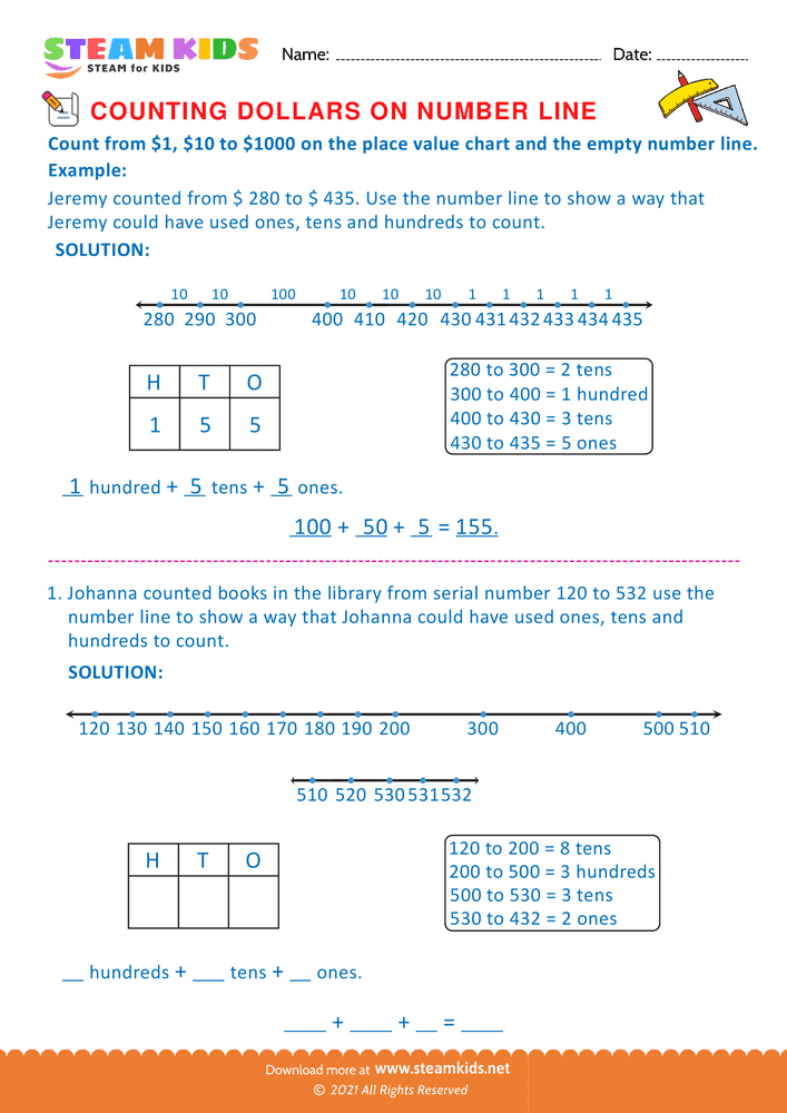 Free Math Worksheet - Counting Dollars on Number line - Worksheet 12