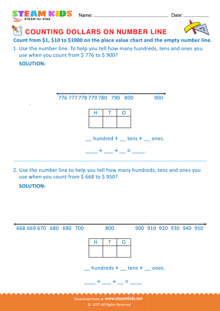 Free Math Worksheet - Counting Dollars on Number line - Worksheet 13