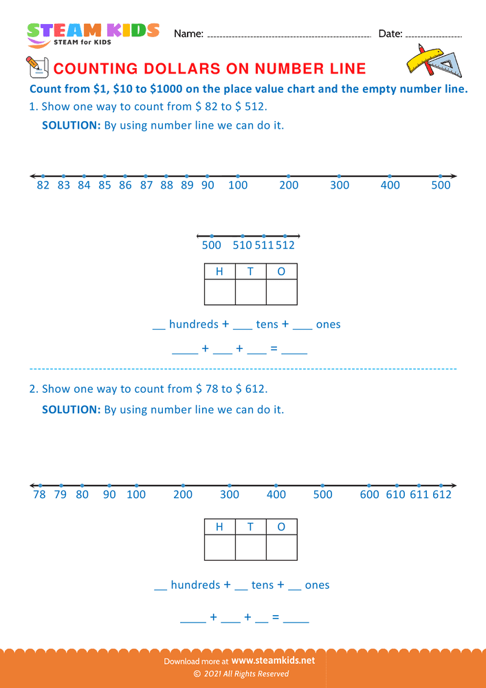Free Math Worksheet - Counting Dollars on Number line - Worksheet 15