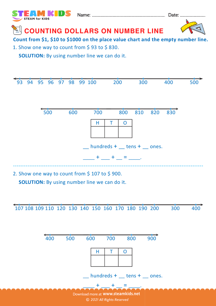 Free Math Worksheet - Counting Dollars on Number line - Worksheet 16