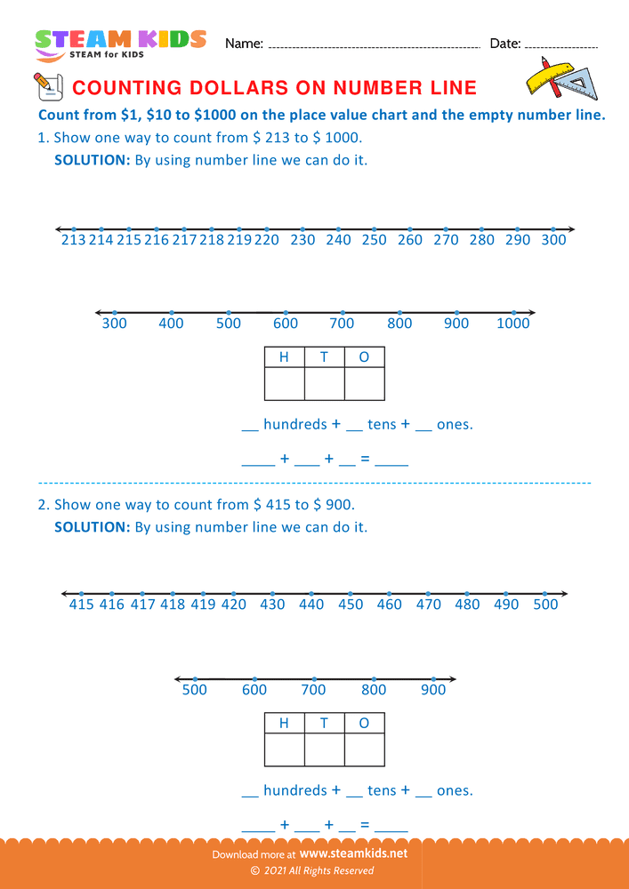 Free Math Worksheet - Counting Dollars on Number line - Worksheet 17