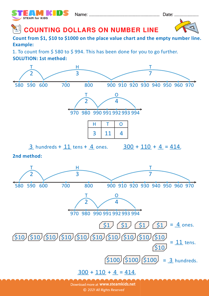 Free Math Worksheet - Counting Dollars on Number line - Worksheet 18