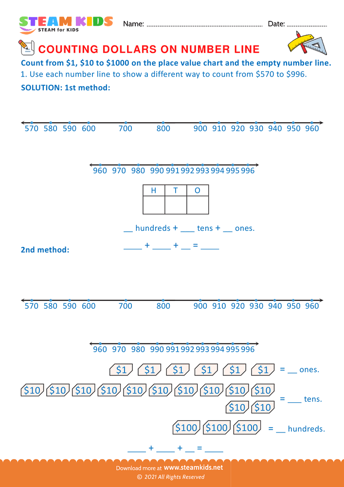 Free Math Worksheet - Counting Dollars on Number line - Worksheet 19