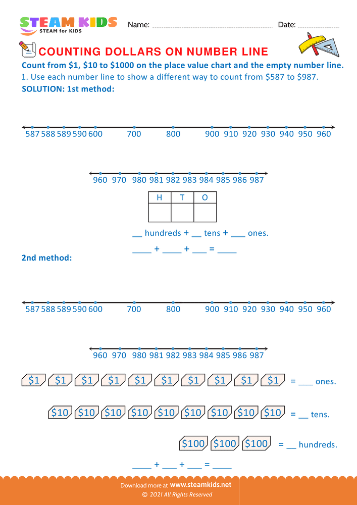 Free Math Worksheet - Counting Dollars on Number line - Worksheet 20
