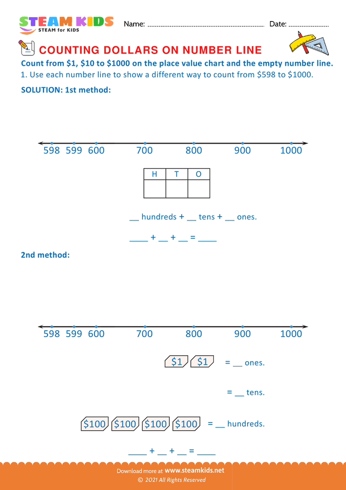 Free Math Worksheet - Counting Dollars on Number line - Worksheet 21