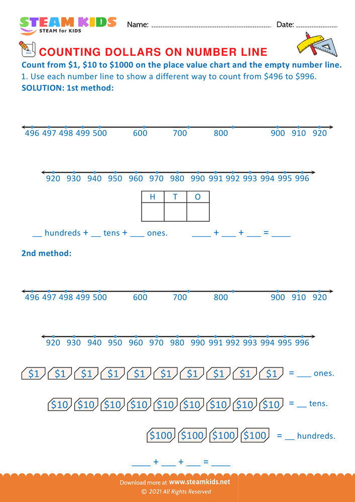 Free Math Worksheet - Counting Dollars on Number line - Worksheet 22