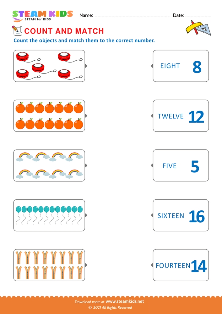 Free Math Worksheet - Count and Match Numbers - Worksheet 1
