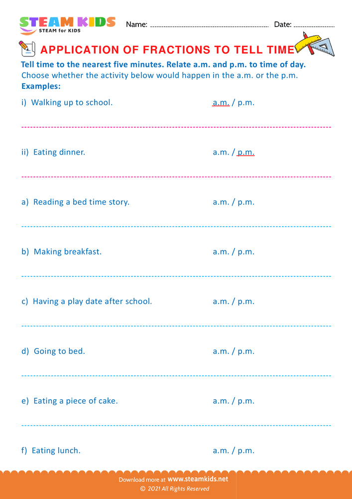 Free Math Worksheet - Telling Time - Worksheet 7