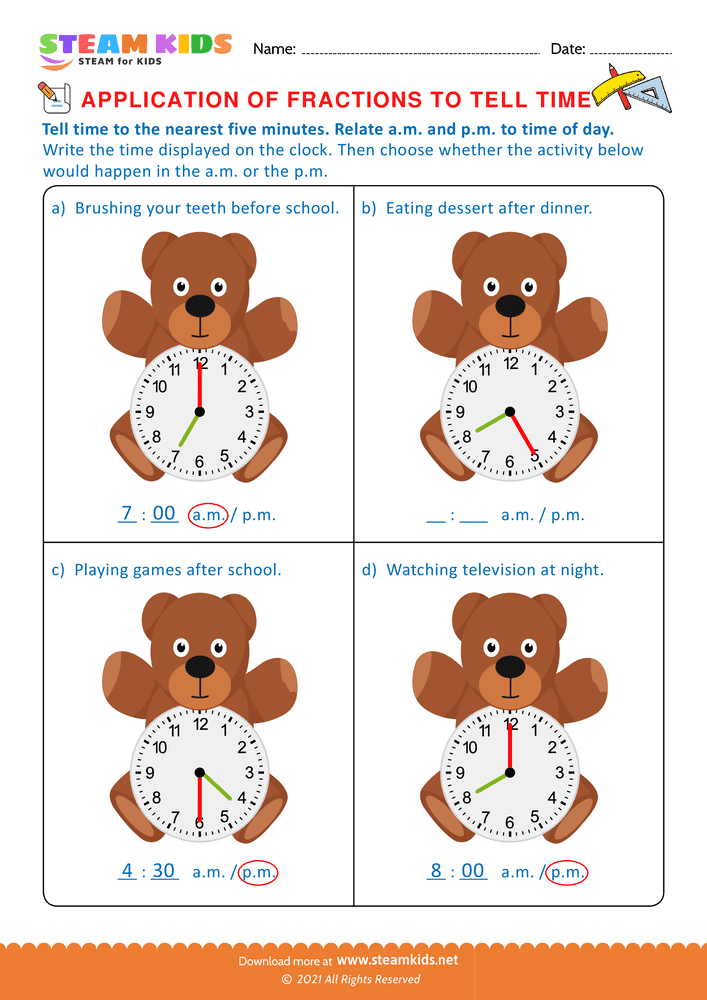 Free Math Worksheet - Telling Time - Worksheet 15