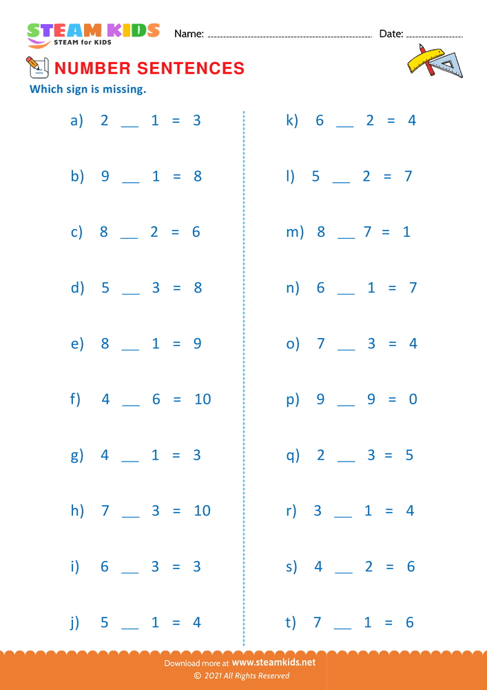 Free Math Worksheet - True number sentence - Worksheet 7