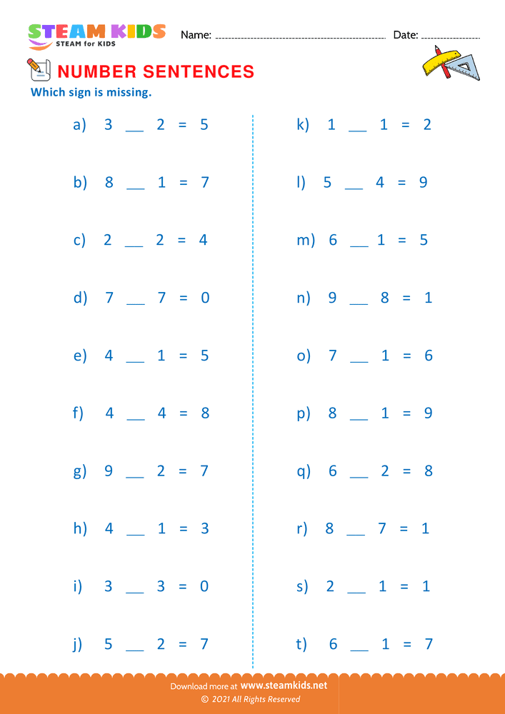 Free Math Worksheet - True number sentence - Worksheet 8
