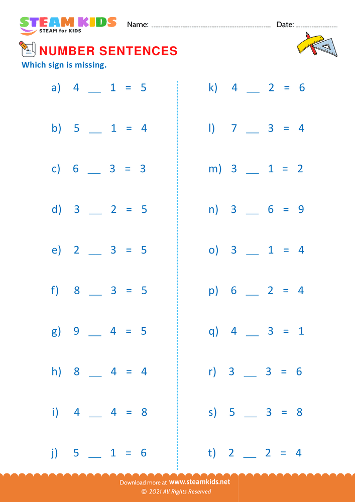 Free Math Worksheet - True number sentence - Worksheet 9