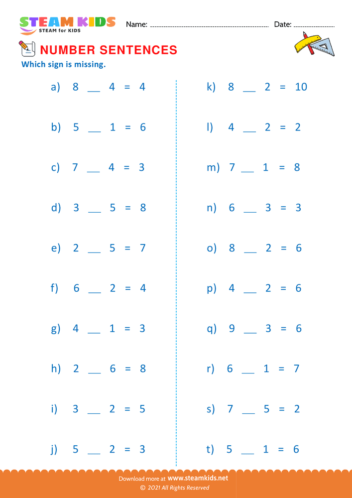 Free Math Worksheet - True number sentence - Worksheet 10