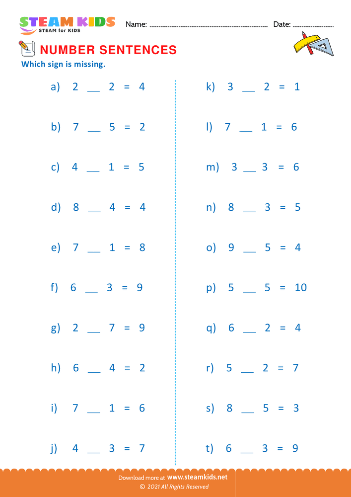 Free Math Worksheet - True number sentence - Worksheet 12