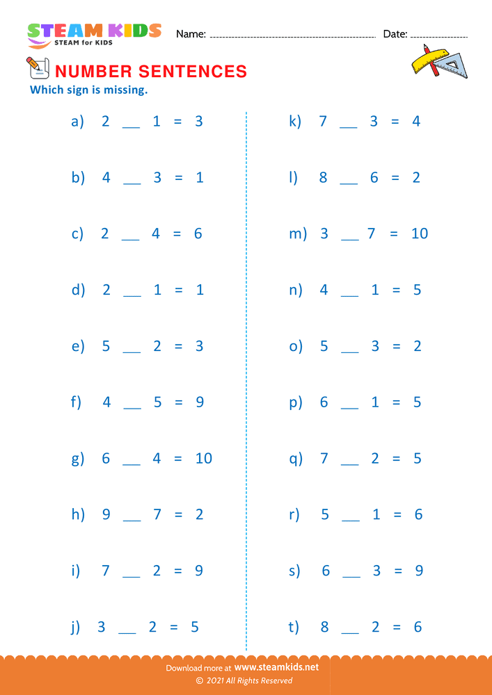 Free Math Worksheet - True number sentence - Worksheet 13