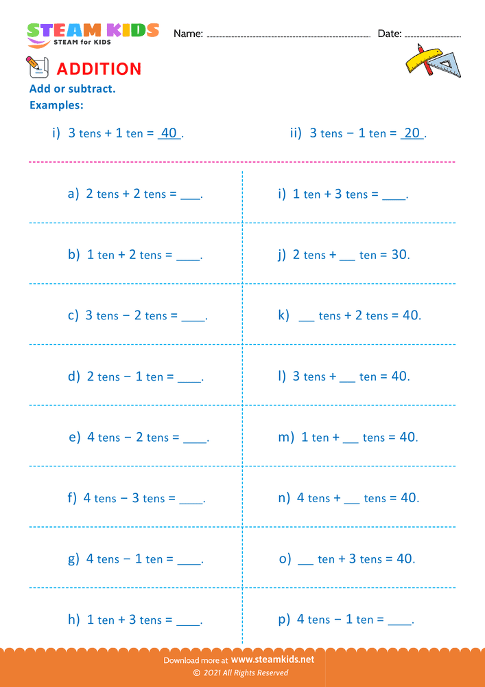 Free Math Worksheet - Add or Subtract tens - Worksheet 1