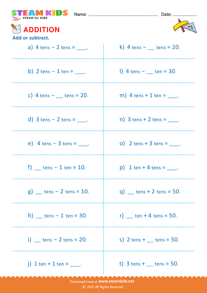 Free Math Worksheet - Add or Subtract tens - Worksheet 2