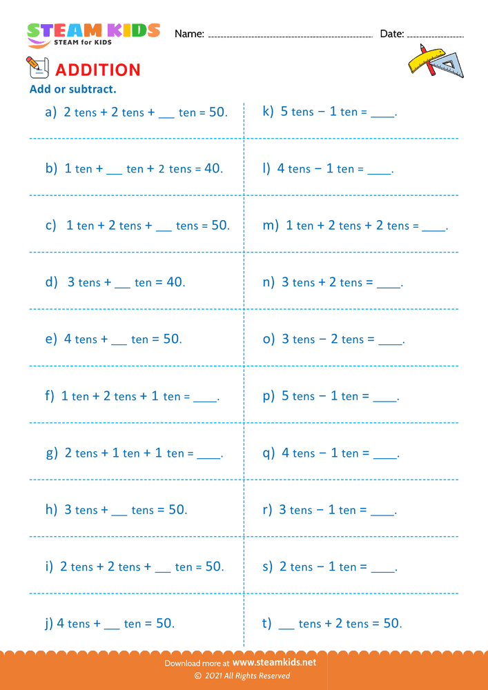 Free Math Worksheet - Add or Subtract tens - Worksheet 3