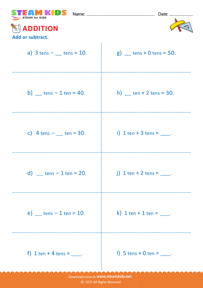 Free Math Worksheet - Add or Subtract tens - Worksheet 4