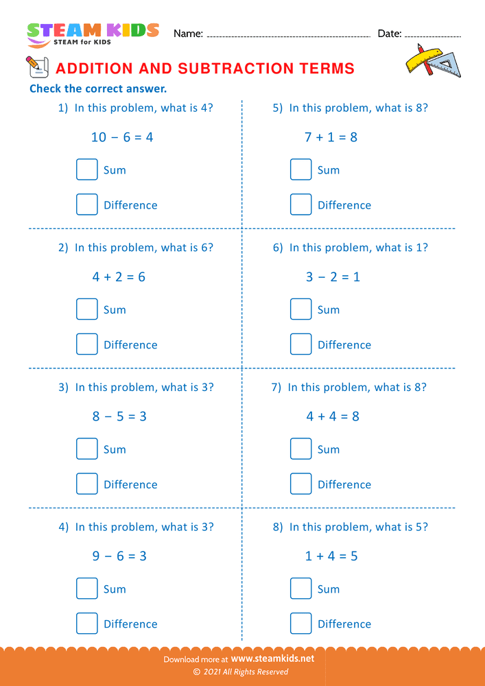 Free Math Worksheet - Check the correct answer - Worksheet 1